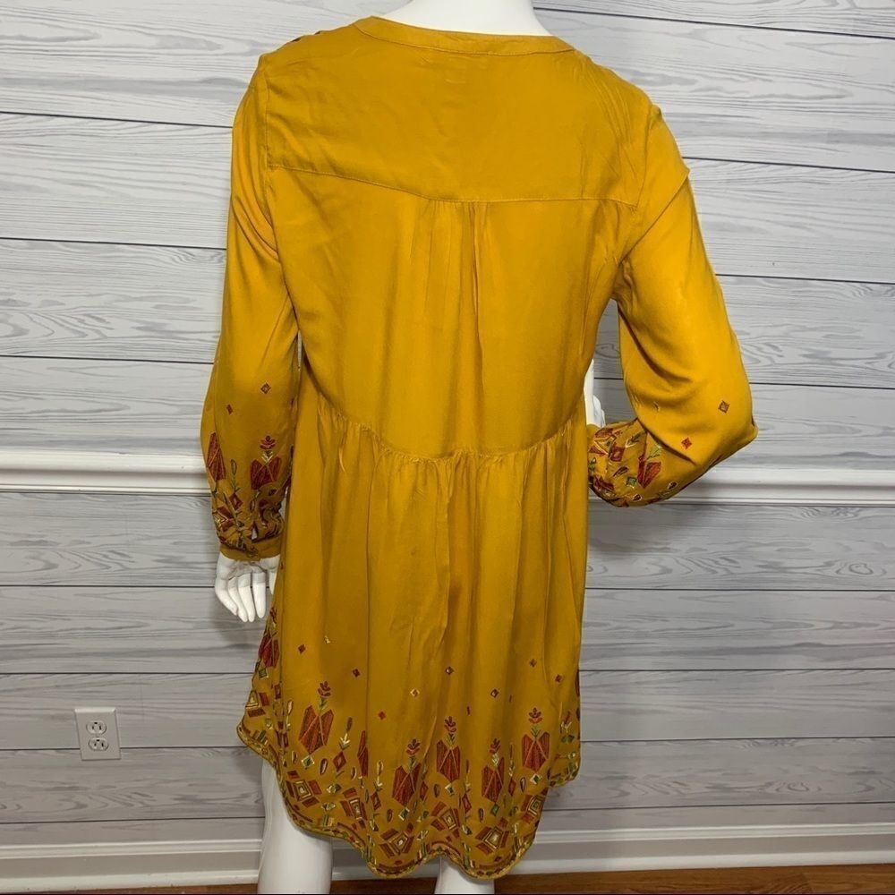 Beach Lunch Lounge Mustard Yellow Aztec Finely Embroidered Boho Dress - S - Picture 12 of 16